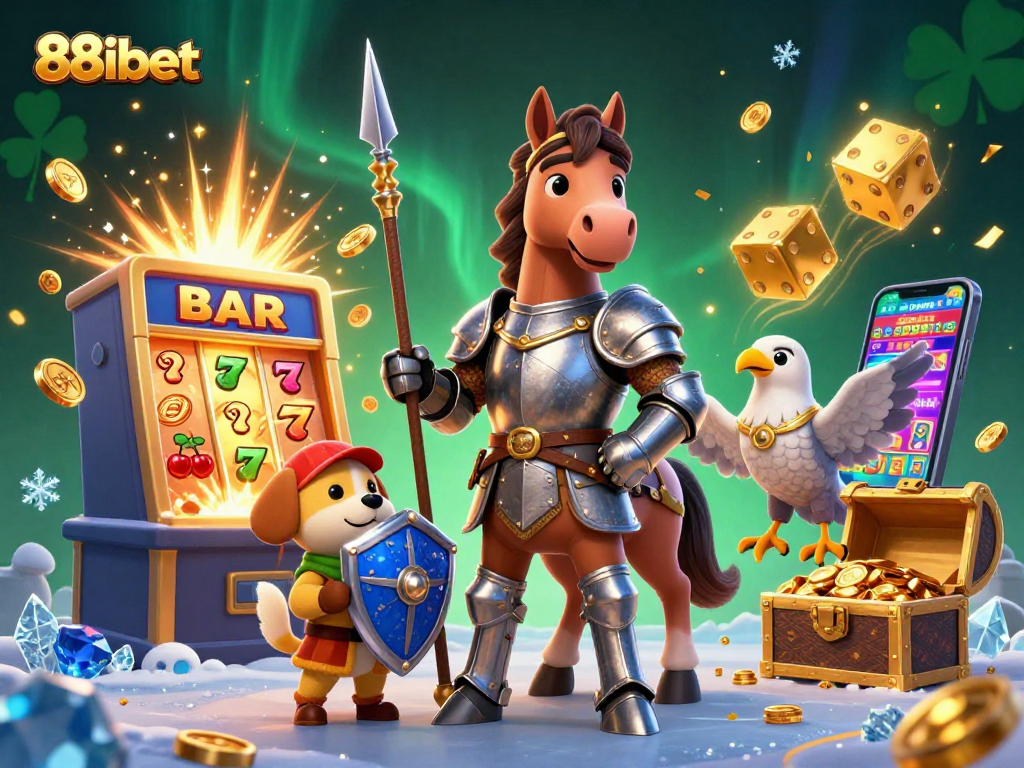 Win big at 88ibet with a vibrant 3D casino illustration featuring a knight and squire!
