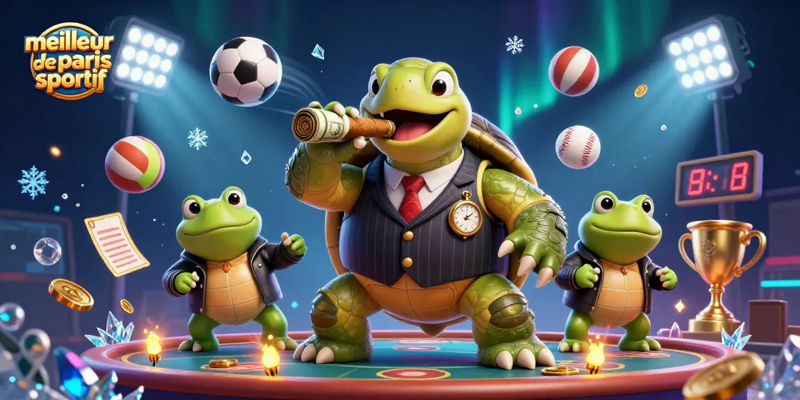 Visualisez le meilleur site de paris sportif avec une scène dynamique incluant une tortue massive en costume et des grenouilles.