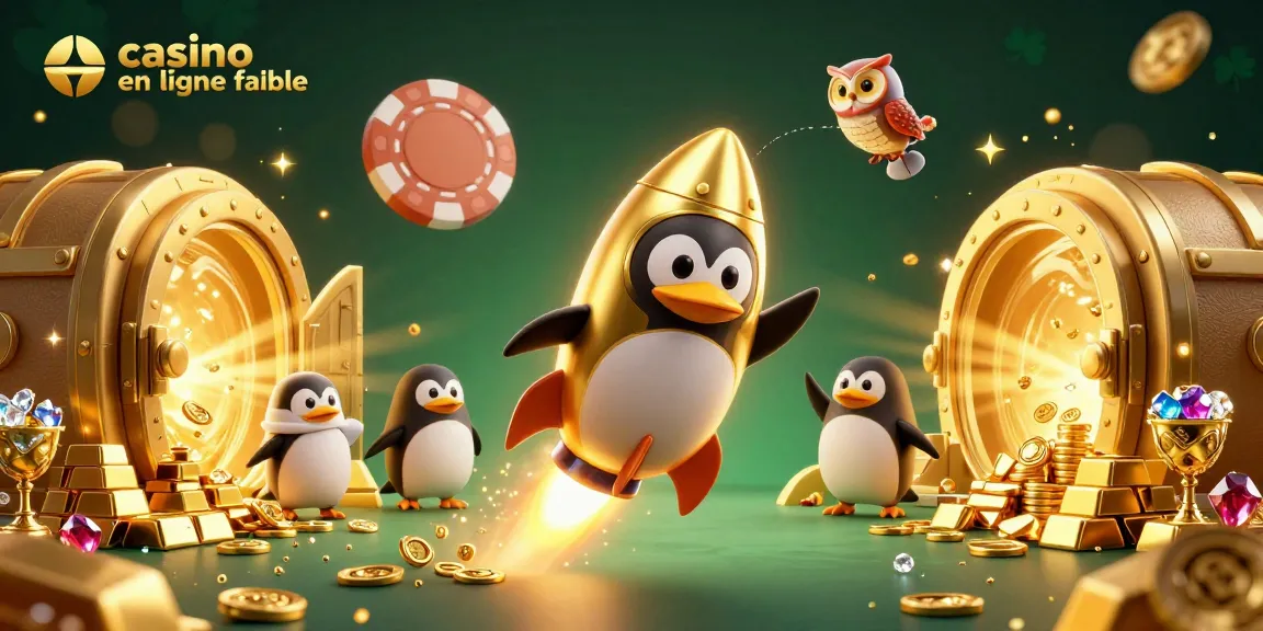 Découvrez une scène dynamique avec un pingouin doré propulsé par fusée dans un casino en ligne fiable.