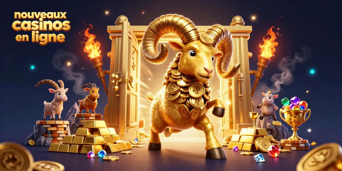 Illustration dynamique de nouveaux casinos en ligne, avec un bélier doré chargé vers une porte de trésor