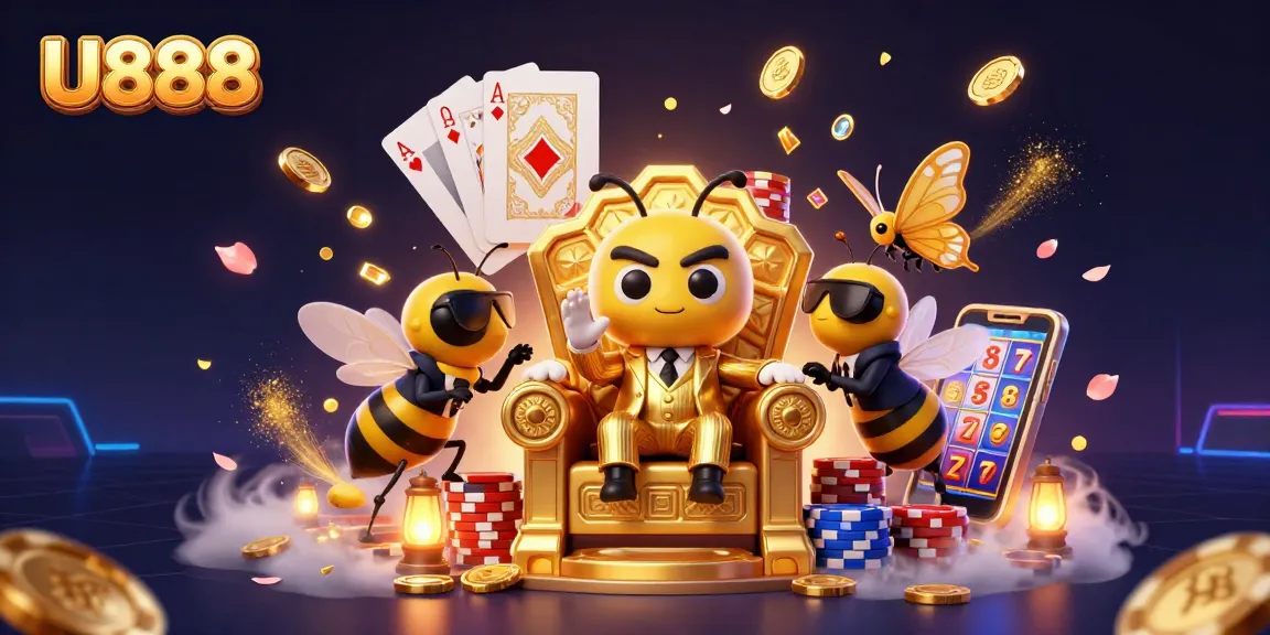 U888 takes center stage in a dynamic 3D casino scene with vibrant characters and rich gambling elements.