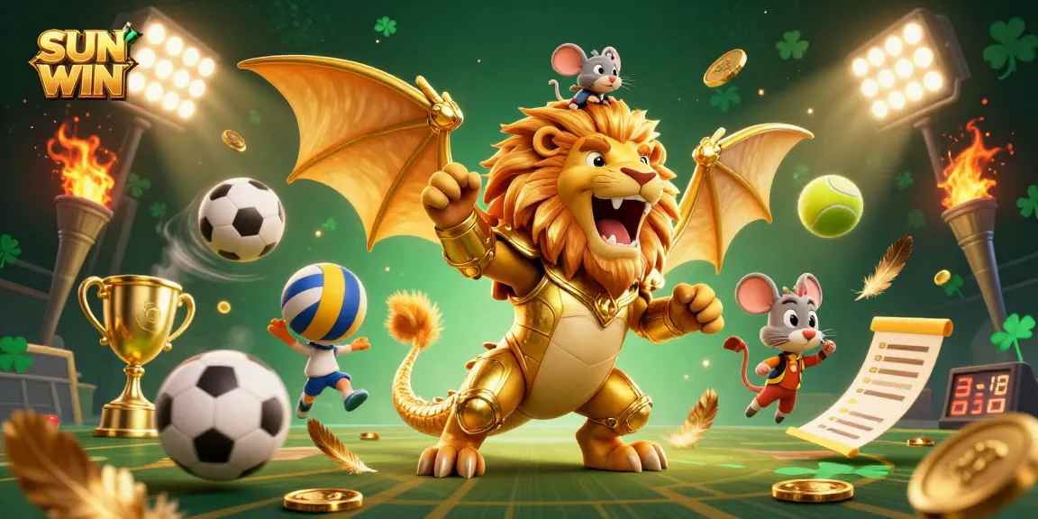 SUN WIN celebrates a triumphant chimera champion in a vibrant casino scene filled with dynamic sports elements.