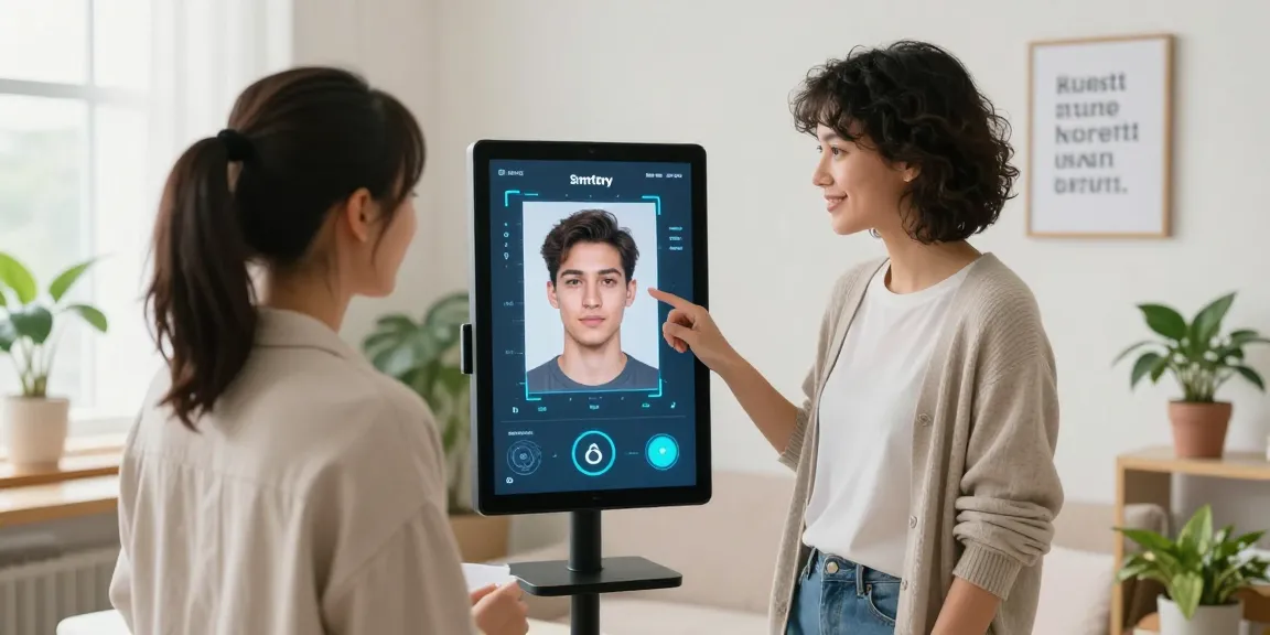 Person analyzing their attractiveness test results on a touchscreen while showcasing facial metrics in a modern studio.