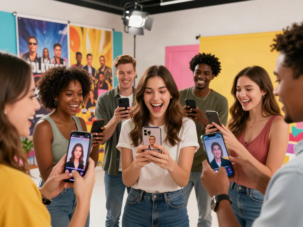 Group comparing celebrity look alike app results, showcasing excitement and joy in a modern photo studio.