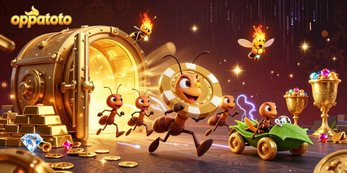 Engage with oppatoto as cartoon ants carry a giant poker chip through a vibrant casino tunnel.