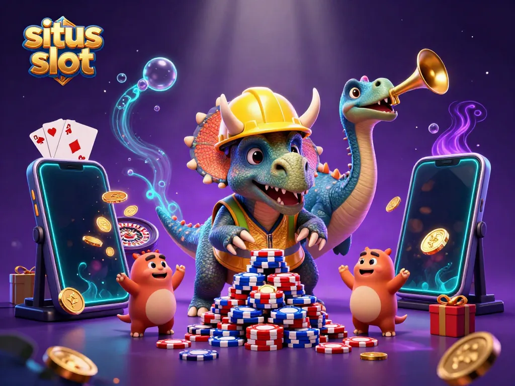 Gambarkan situs slot dengan triceratops membangun piramida chip poker dikelilingi berbagai elemen permainan.