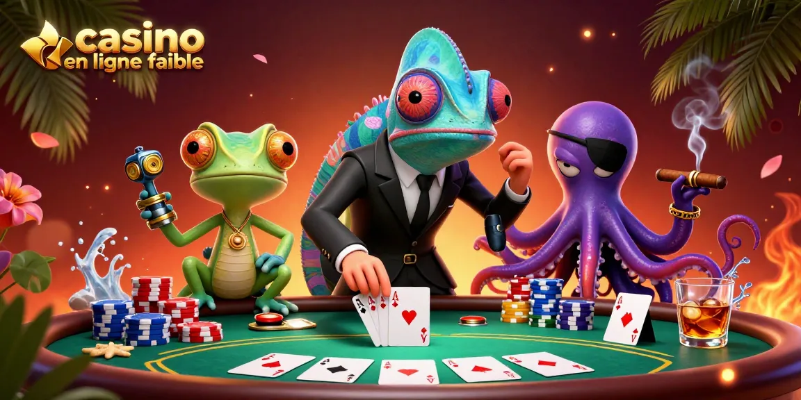 Illustration dynamique représentant un casino en ligne fiable avec un caméléon agent secret, un gecko et un pieuvre, autour d'une table de poker.