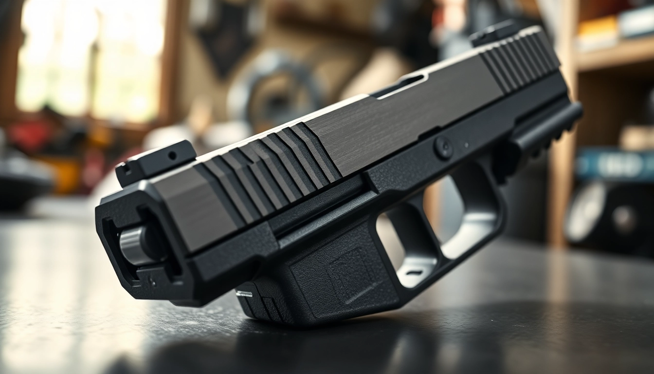 Inspect the glock 19 gen 3 oem slide with its precise features in a workshop setting.