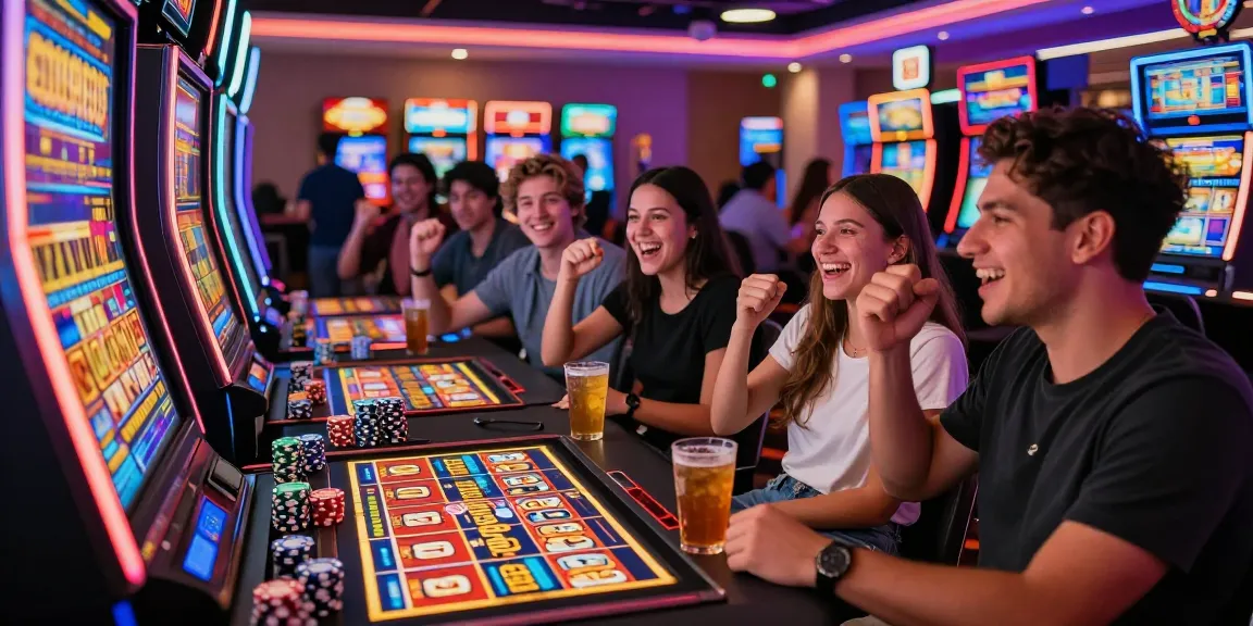 Exciting group celebrating near a เกมสล็อต machine in a lively casino