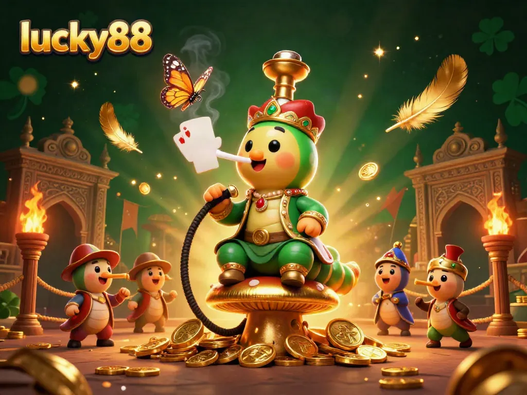 Experience lucky88 in a vibrant casino scene with a unique caterpillar hookah-master, showcasing poker symbols and gold coins.