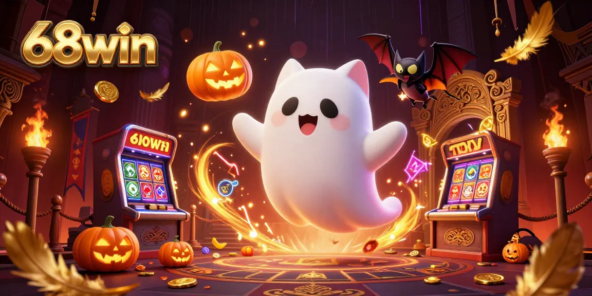Experience thrilling 68win casino adventures with a ghost cat and a vampire bat in a haunted setting.