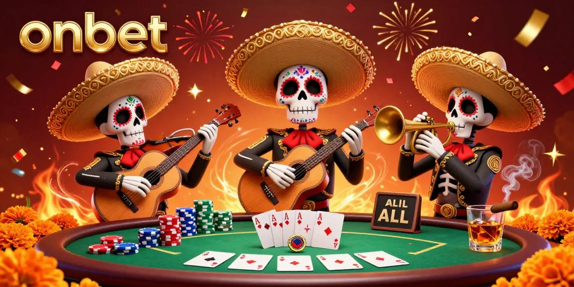 Experience excitement at onbet with a festive mariachi band performing at a lively poker scene.