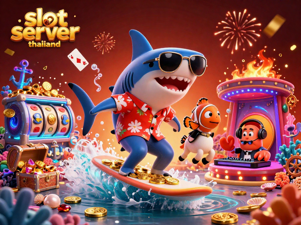 Experience thrilling gameplay with slot server thailand as a shark surfs on gold coins amidst colorful gems and coral.