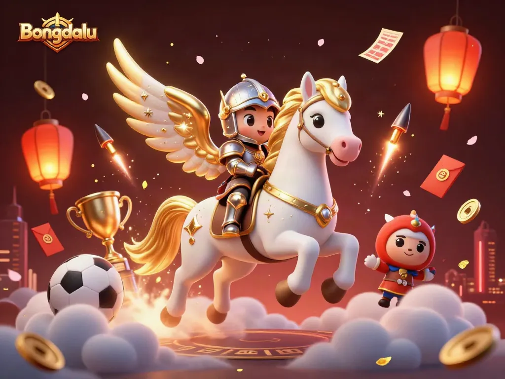 Bongdalu showcases a dynamic scene of a celestial horse in a sports betting illustration lit by lanterns and festive elements.