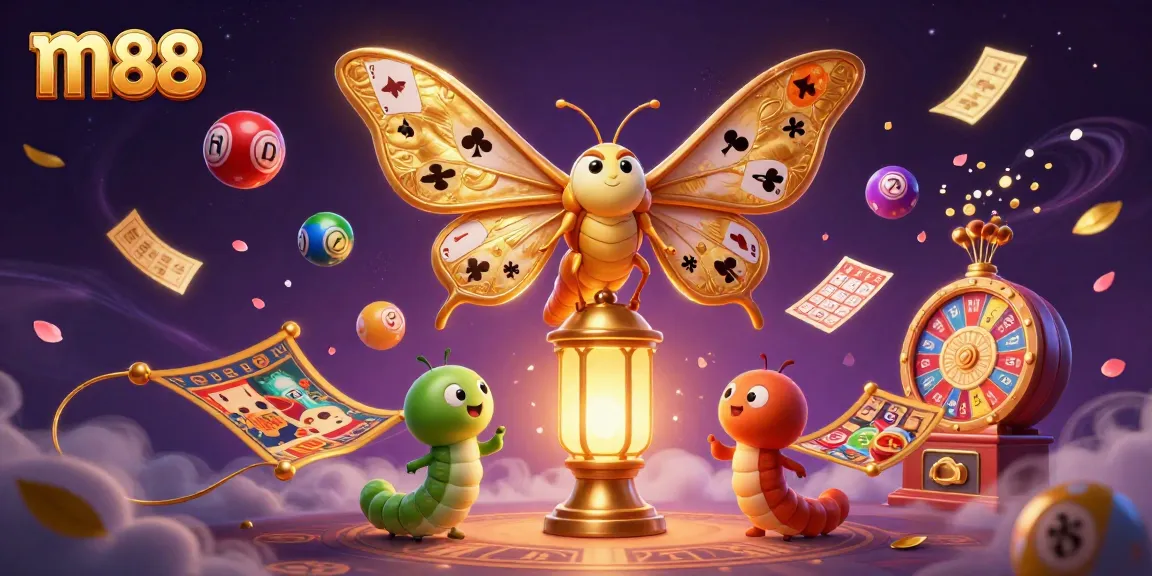 Experience thrilling gameplay at m88 with a golden moth illuminating vibrant lottery scenes.