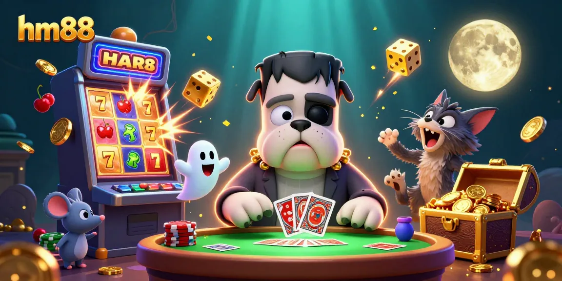 Experience thrilling gaming action at hm88 with vibrant 3D characters dealing cards and jackpots exploding.