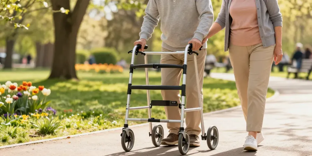 Active seniors using a bro202 rollator walker in a sunny park, illustrating mobility and companionship.