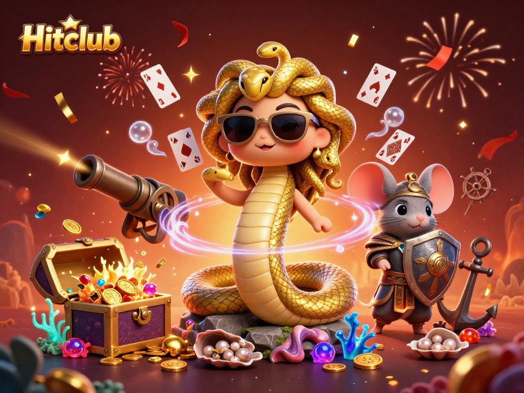 Hitclub showcases a vibrant 3D casino illustration with Medusa and playful elements, enhancing gaming excitement.