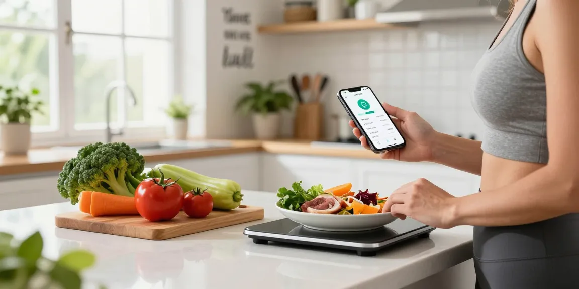 Individual using the best AI calorie tracker while preparing a healthy meal in a bright kitchen.