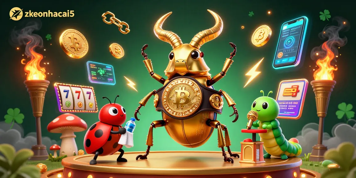 Engage with zkeonhacai5's vibrant gambling scene featuring a golden stag beetle in a boxing match with crypto elements.