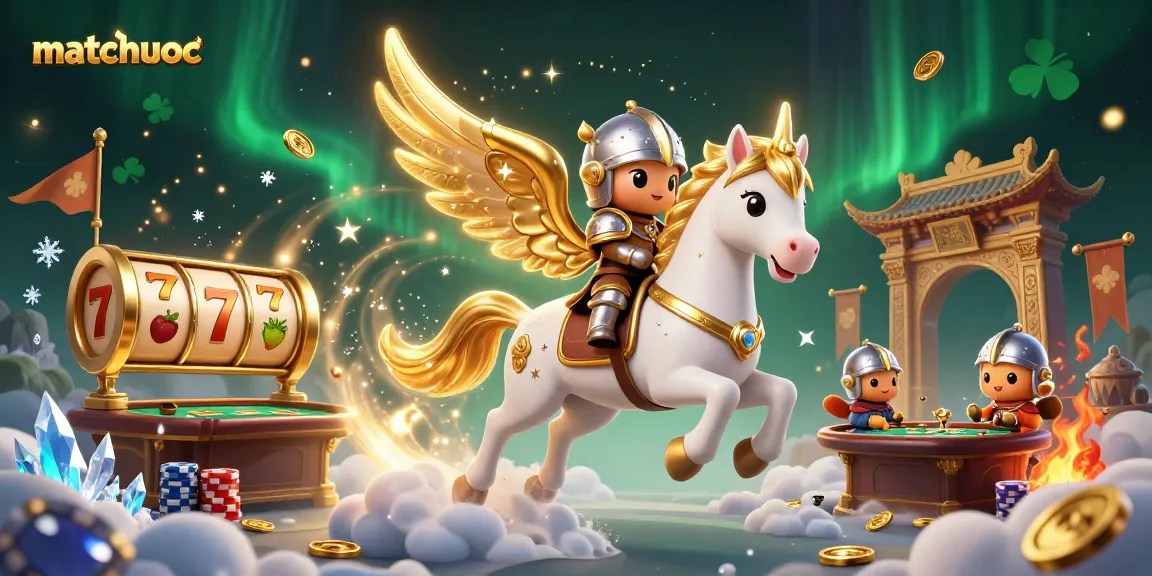 Matchuoc engages with dazzling 3D casino action, featuring a celestial horse and knight amidst slot reels and poker tables.