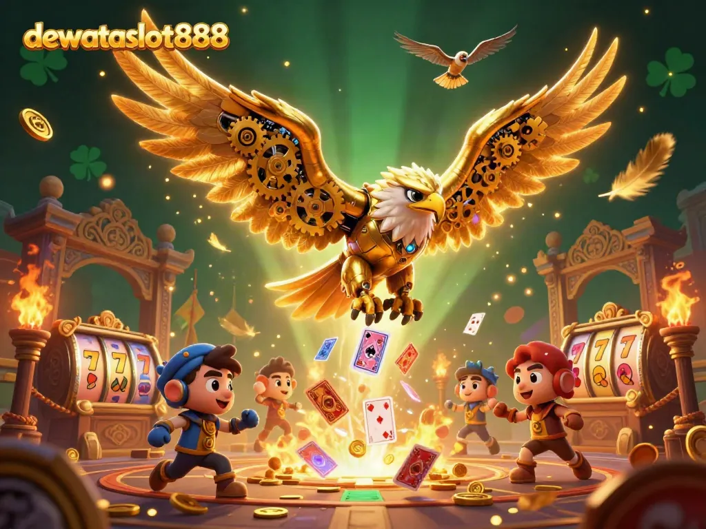 Menangkan jackpot di dewataslot888 dengan ilustrasi burung elang emas dan simbol slot menarik.