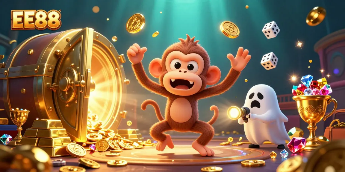 Engaging scene of EE88 with a mischievous poltergeist monkey and ghost-hunter puppy in a haunted casino.