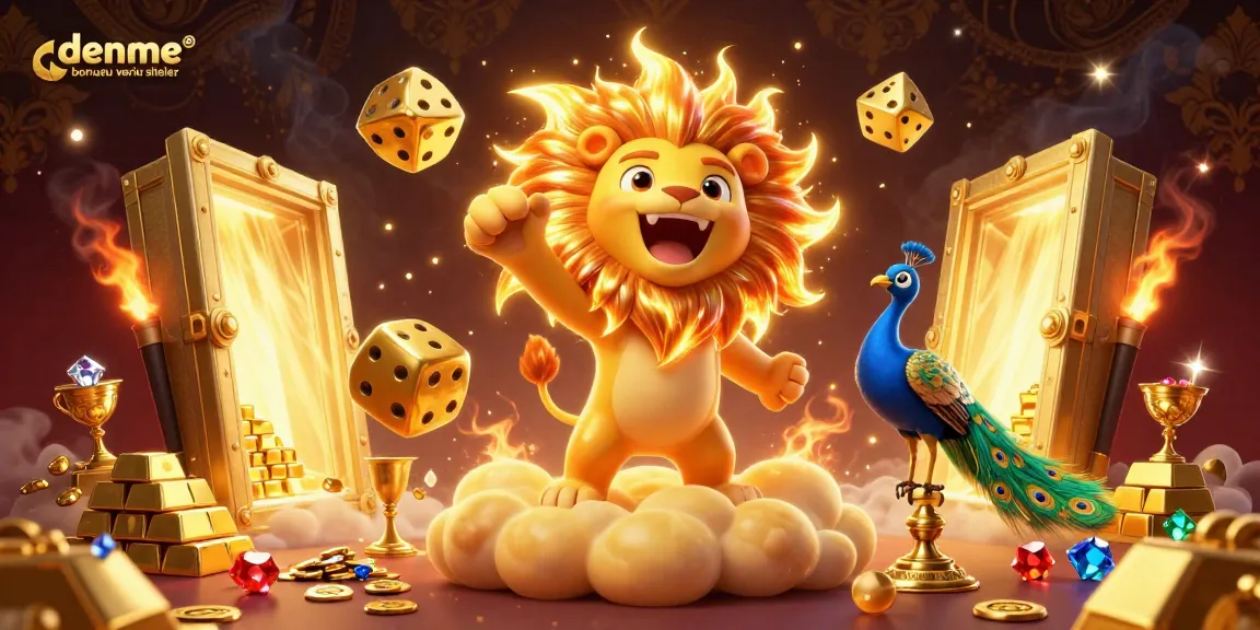 Play and win big with deneme bonusu veren siteler as golden dice and treasures surround the vibrant lion.