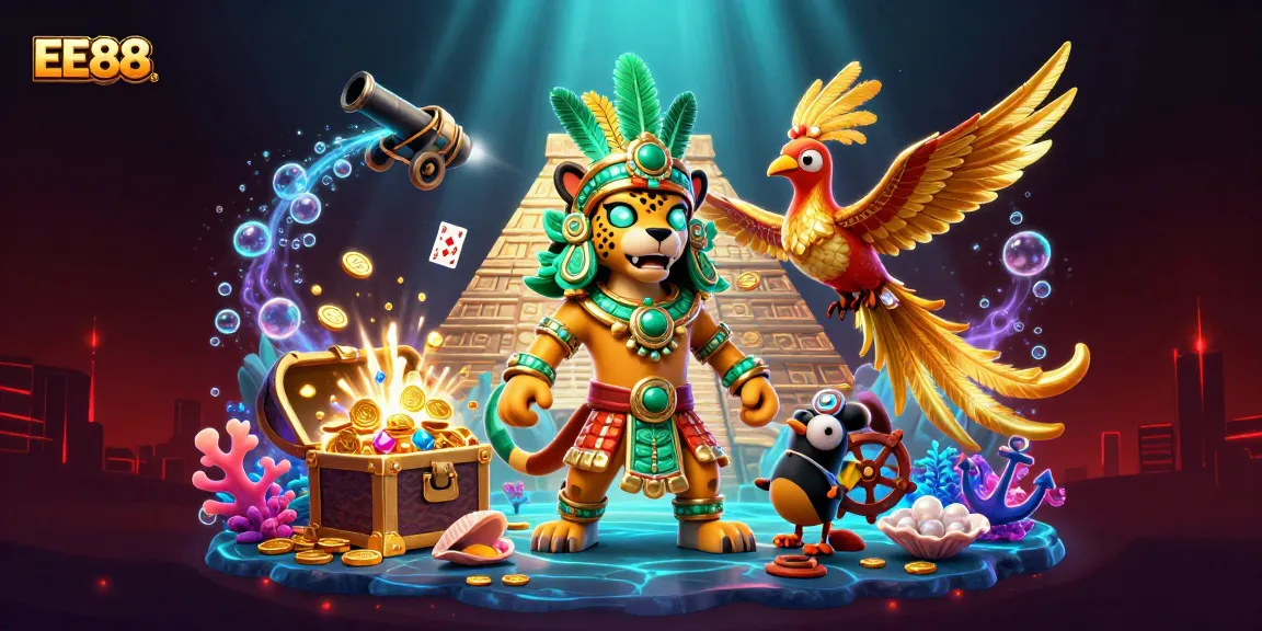 Engaging 3D art featuring the vibrant EE88 Mayan jaguar priest surrounded by dynamic casino elements.