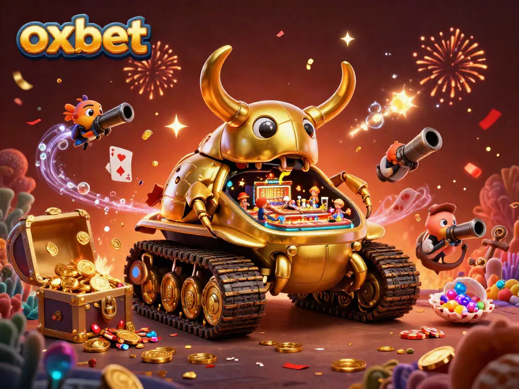 Experience the excitement of oxbet with a vibrant 3D casino themed scene filled with colorful game elements.