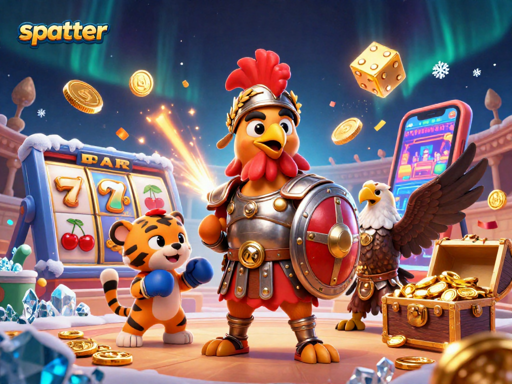 Experience scatter excitement in this dynamic casino scene with a gladiator rooster and jackpot elements.