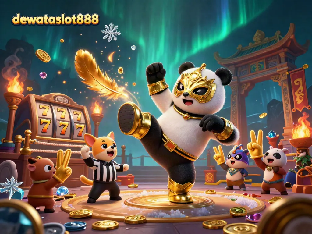 Gelanggang pertarungan fantastis dari dewataslot888 dengan panda bertanding dan penonton hewan bersemangat.