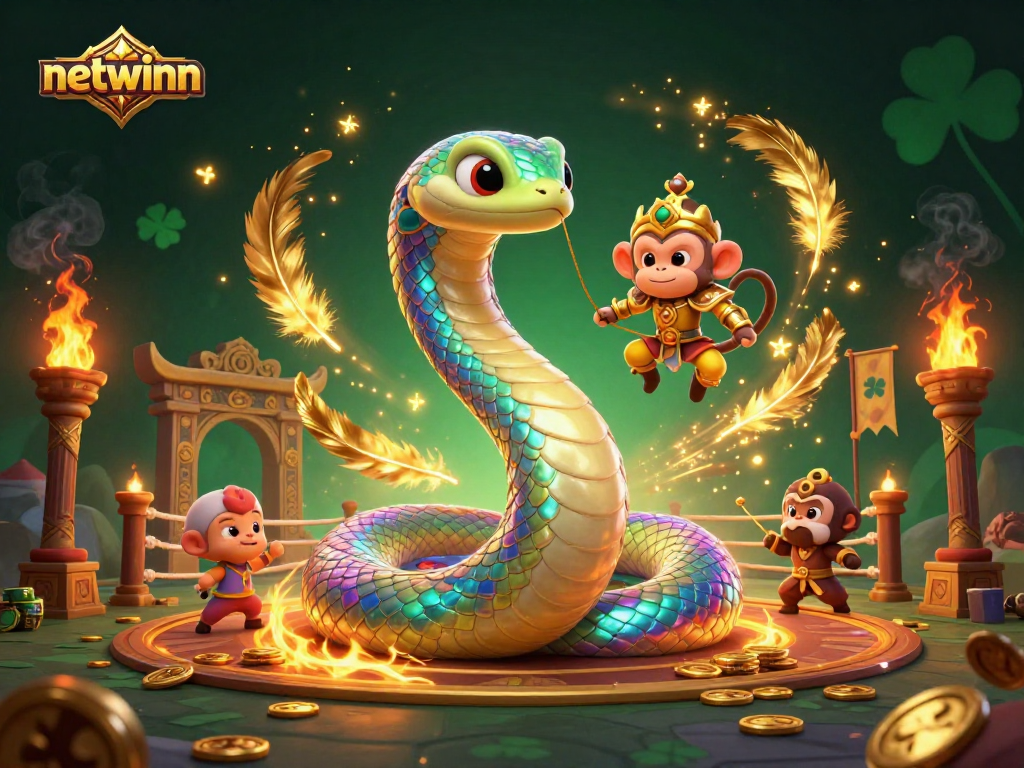 Experience the magical world of netwinn with a vivid illustration of a rainbow serpent and monkey king in action.