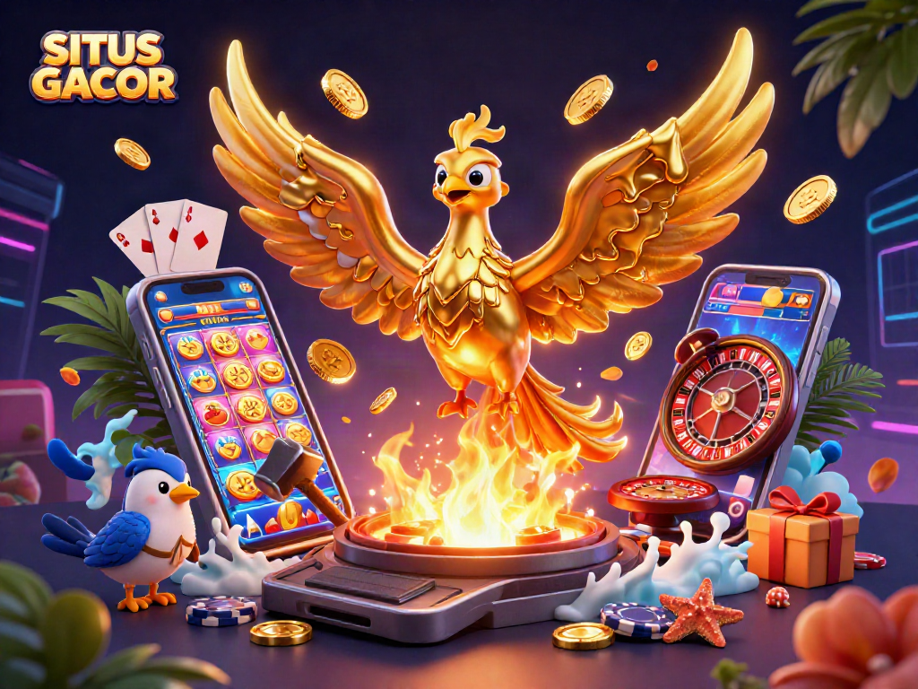 Experience SITUS GACOR with a dynamic 3D illustration showcasing thrilling casino elements.