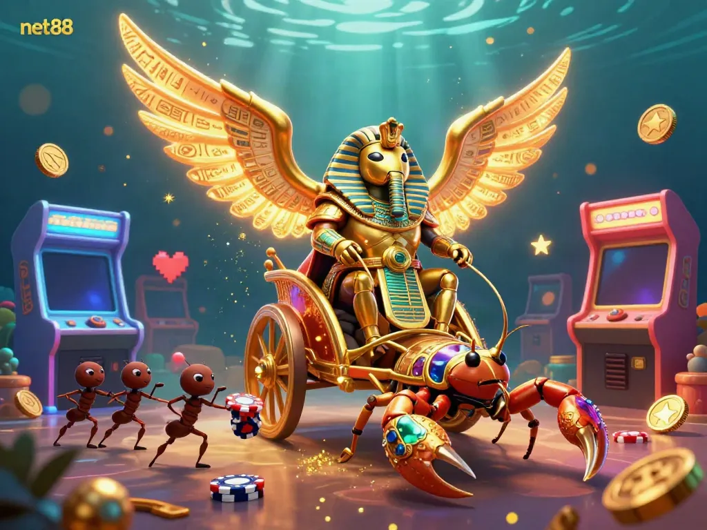 Engage with net88's captivating gaming space filled with vibrant arcade games and unique characters.
