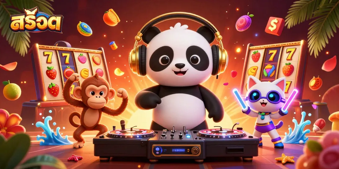 Spin the reels of สล็อต with a DJ panda, dancing monkey, and glowing kitten in a vibrant casino scene.