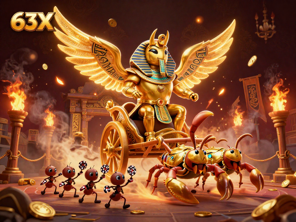 Ilustração 3D do 63X com besouro dourado e escorpiões, símbolos de jogo e elementos de cassino