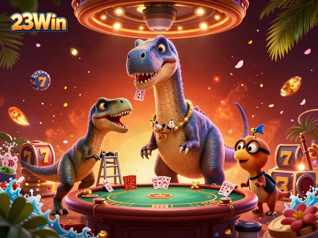 Engage with 23Win's dynamic casino atmosphere featuring a playful brontosaurus and raptor dealer.