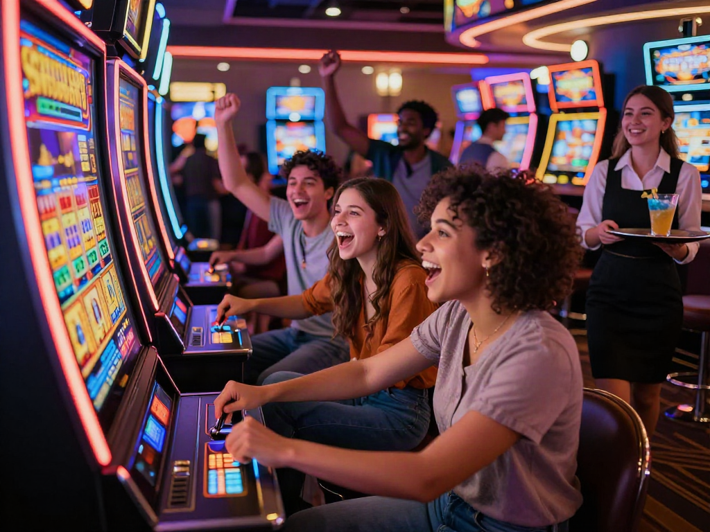 Celebrate a big win at situs slot gacor hari ini with friends in a vibrant casino setting full of energy.