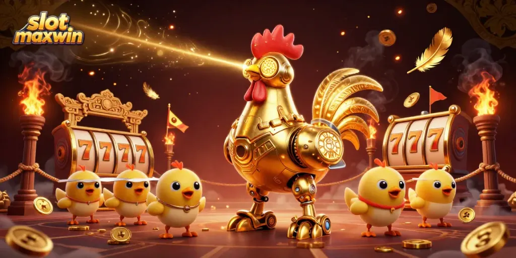 Experience thrill with slot maxwin featuring an engaging golden rooster robot in a vibrant casino scene.