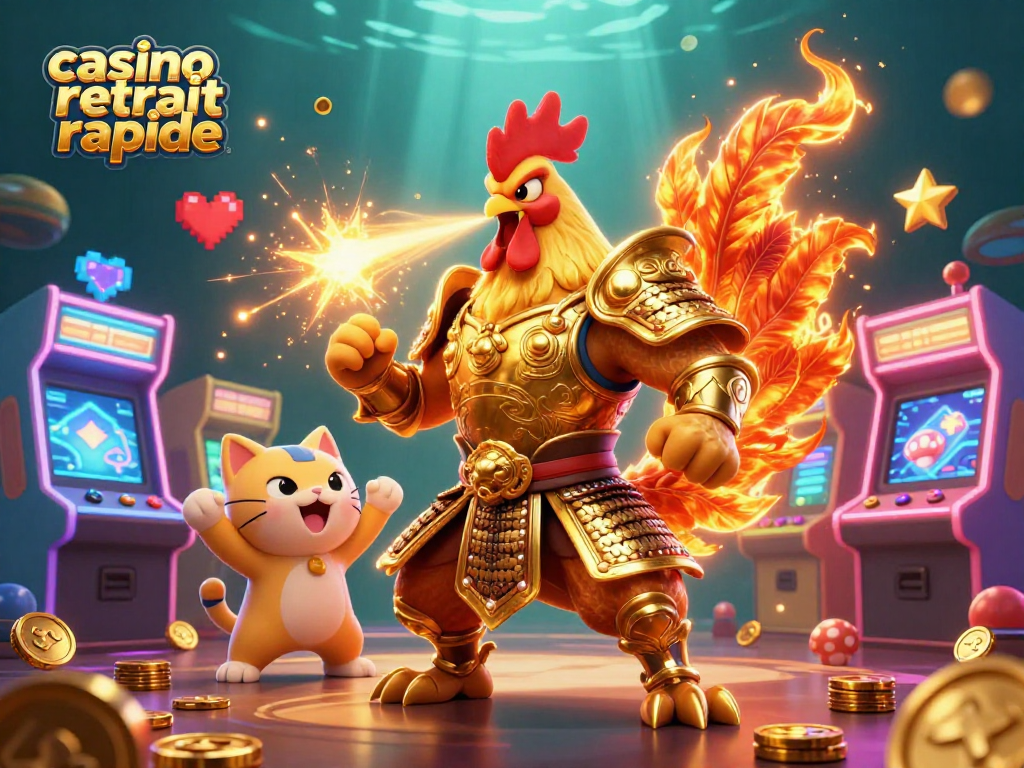 Illustration du concept "casino retrait rapide" avec un combattant coq et un dragon dans un univers ludique.