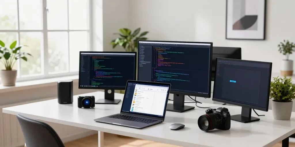Developer in a modern workspace coding Telegram下载 on multiple screens, showcasing a tech-focused environment.
