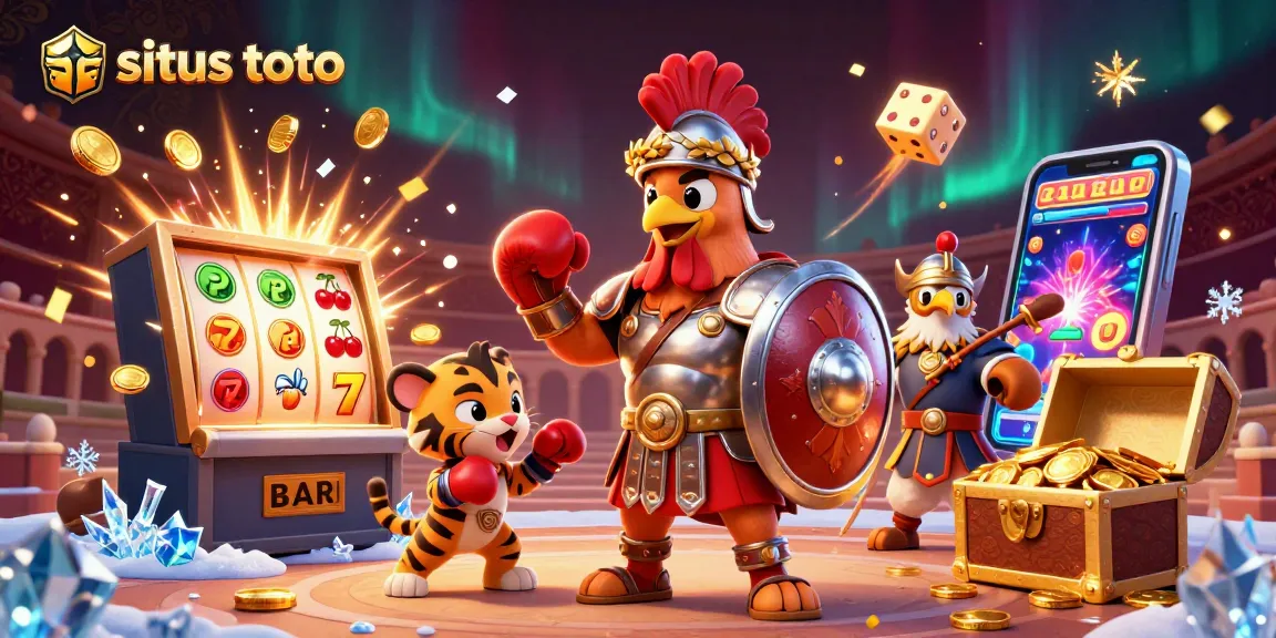 Situs toto showcasing a lively 3D casino scene with characters and dynamic slot machine action