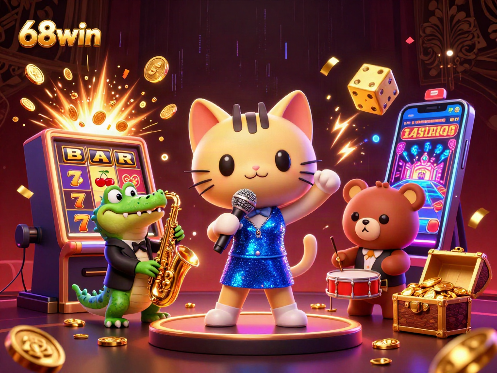 Experience the thrill of 68win in a lively casino scene with colorful game elements and animated characters.