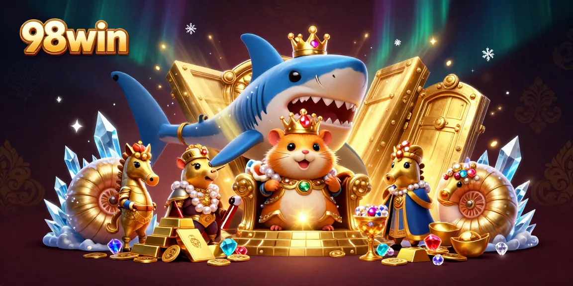 Engage with 98win's exciting world of prizes featuring a golden hamster king in a vibrant casino scene.