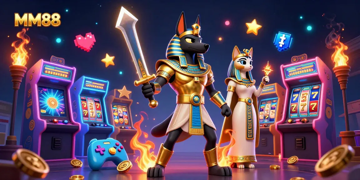 Play and win big at MM88 with vibrant casino themes featuring Anubis, Bastet, and slot machines.