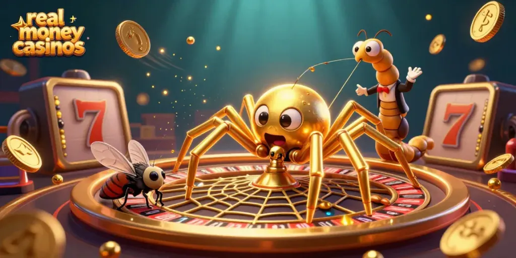 Experience the thrill of real money casinos with a dynamic 3D roulette wheel scene featuring a golden spider and a centipede croupier.