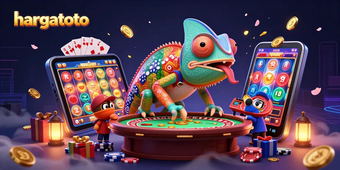 Hargatoto casino illustration showcasing a chameleon owner, slot games, and vibrant action.
