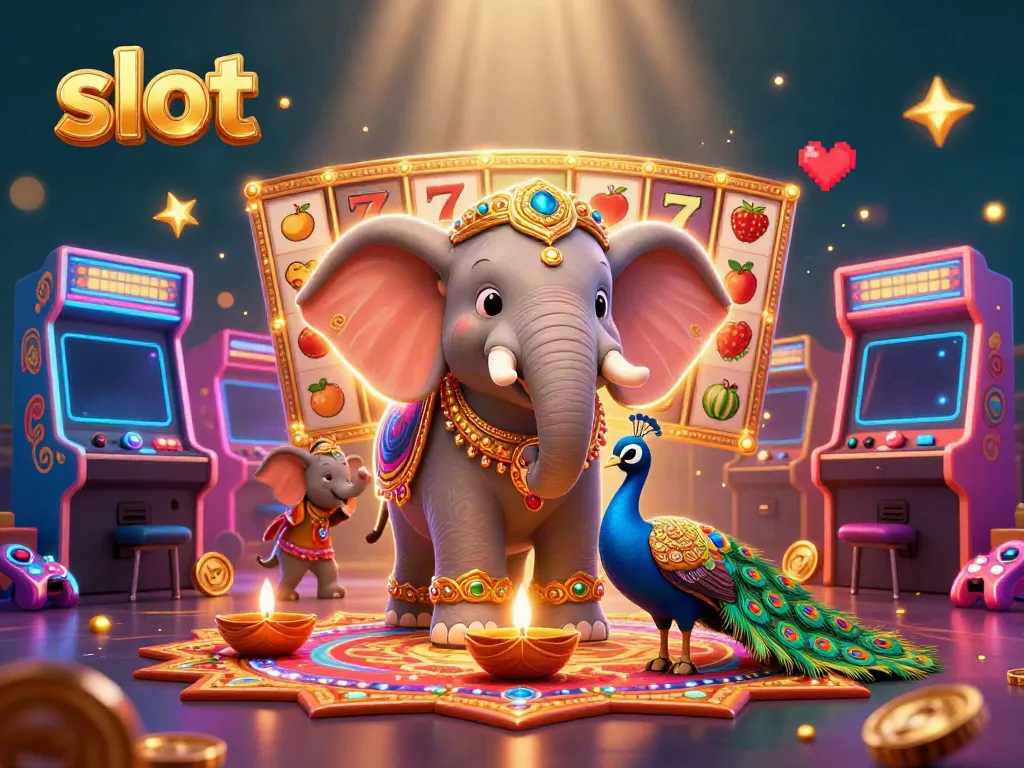 Engaging slot gaming scene featuring a decorated elephant and arcade elements in a vibrant 3D illustration.