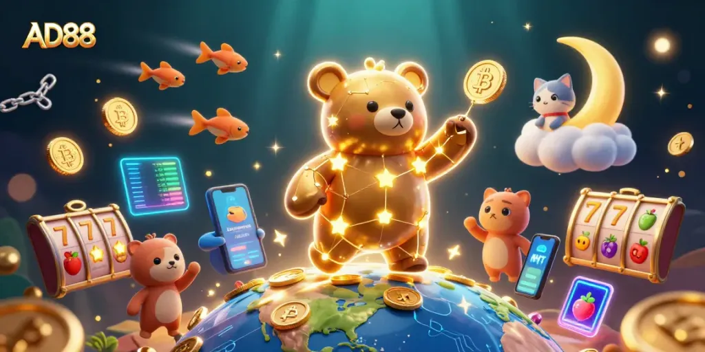 Experience the excitement of AD88 with golden stars and vibrant slot symbols in a captivating night scene.